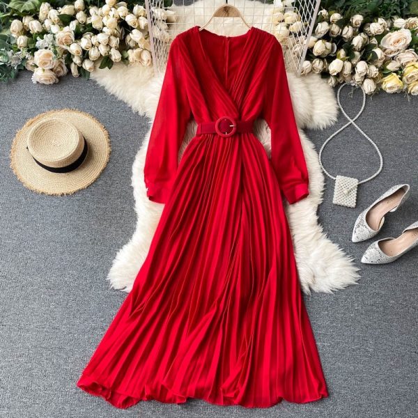 Women's Long V Neck Pleated Long Dress High Waist Dress