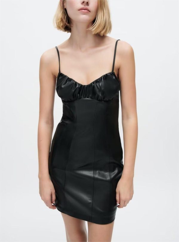 Women's Black Faux Leather Cami Dress