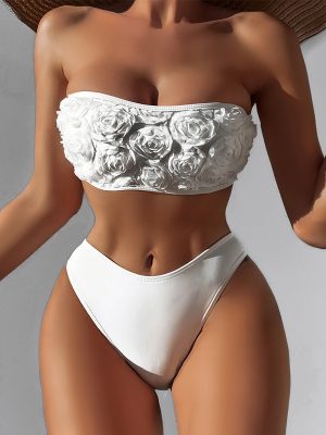 Women's Tube Top Bikini Floral Solid Color High Waist Swimsuit