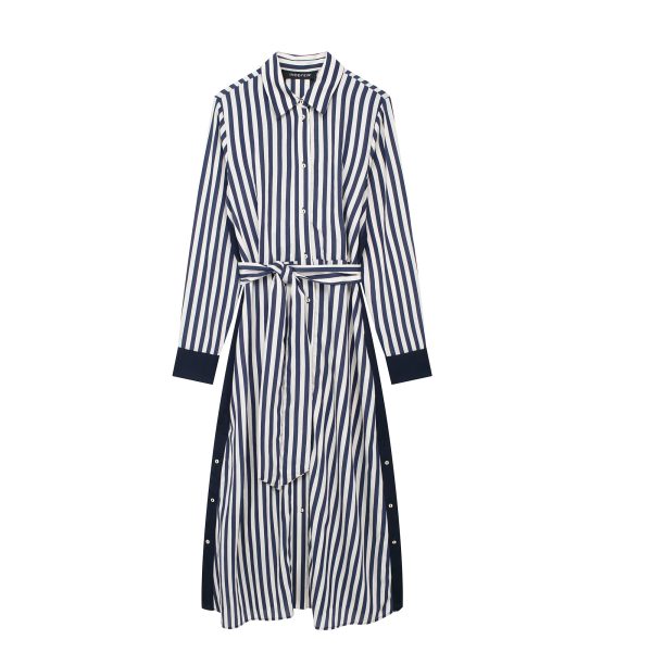 Women's Clothing Collared with Belt Striped Midi Shirt Dress