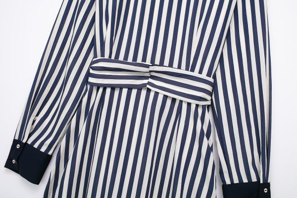 Women's Clothing Collared with Belt Striped Midi Shirt Dress