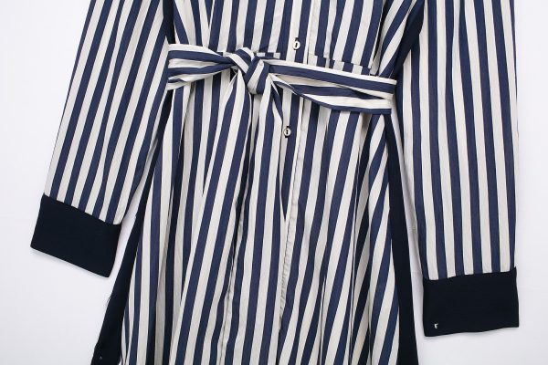 Women's Clothing Collared with Belt Striped Midi Shirt Dress