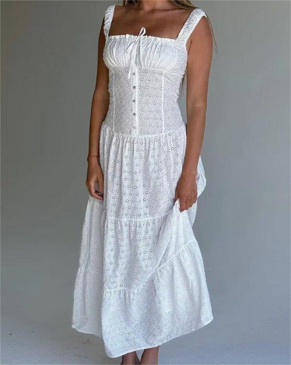Women's   Embroidered  Strap Dress Long Dress