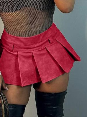 Women's Clothing Leather Sexy  Zipper Pleated Miniskirt