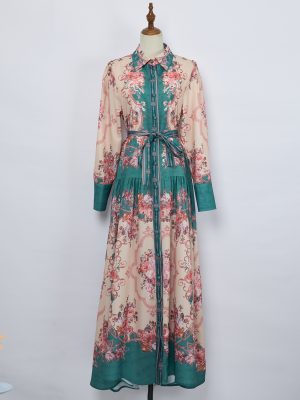 Women's Spring Print Lapel Long Dress Lace Up Maxi Dress