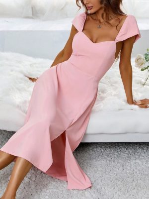 Women's Clothing Simple Square Collar Back Elastic Pink Dress