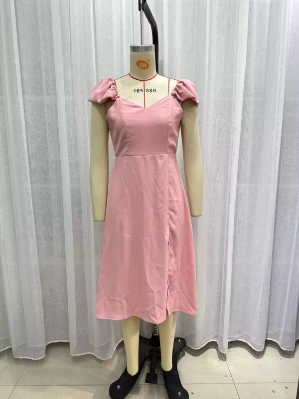 Women's Clothing Simple Square Collar Back Elastic Pink Dress