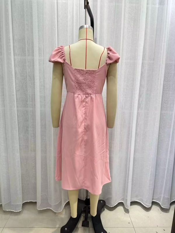 Women's Clothing Simple Square Collar Back Elastic Pink Dress