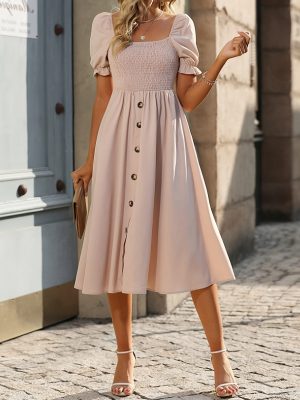 Women's Summer Solid Button Elegant A Line Dress