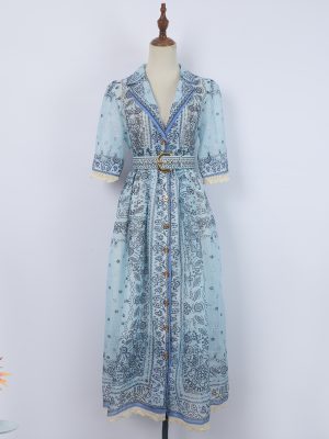 Women's  Print Dress Patchwork Lace With Belt Dress
