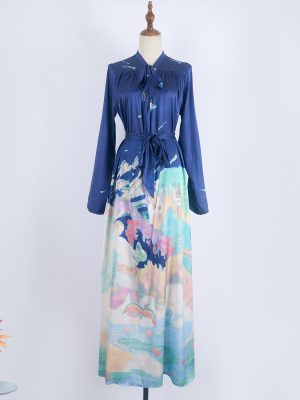 Women's Spring Print Dress With Belt Maxi Dress