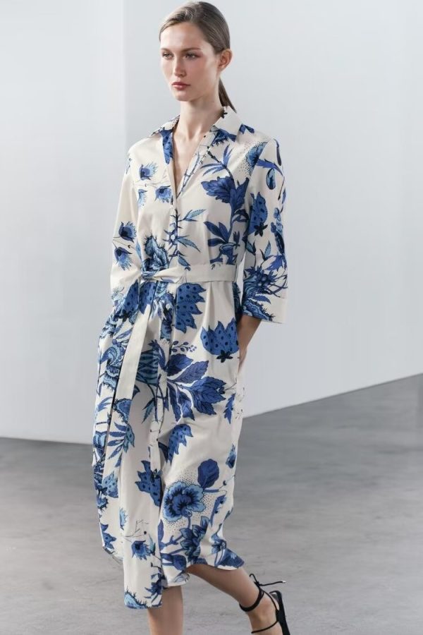 Women's Clothing With Belt Printed Shirt Dress Long Dress