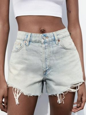 Women's  French Perforated Hole Decoration High Waist Casual Denim Shorts