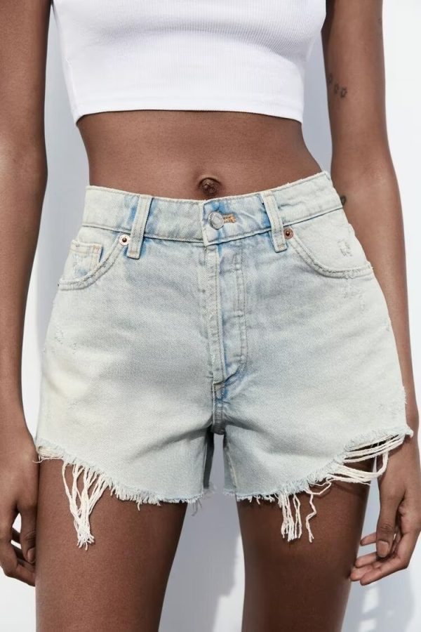 Women's  French Perforated Hole Decoration High Waist Casual Denim Shorts