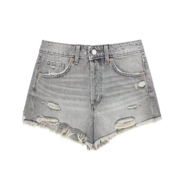 Women's  French Perforated Hole Decoration High Waist Casual Denim Shorts