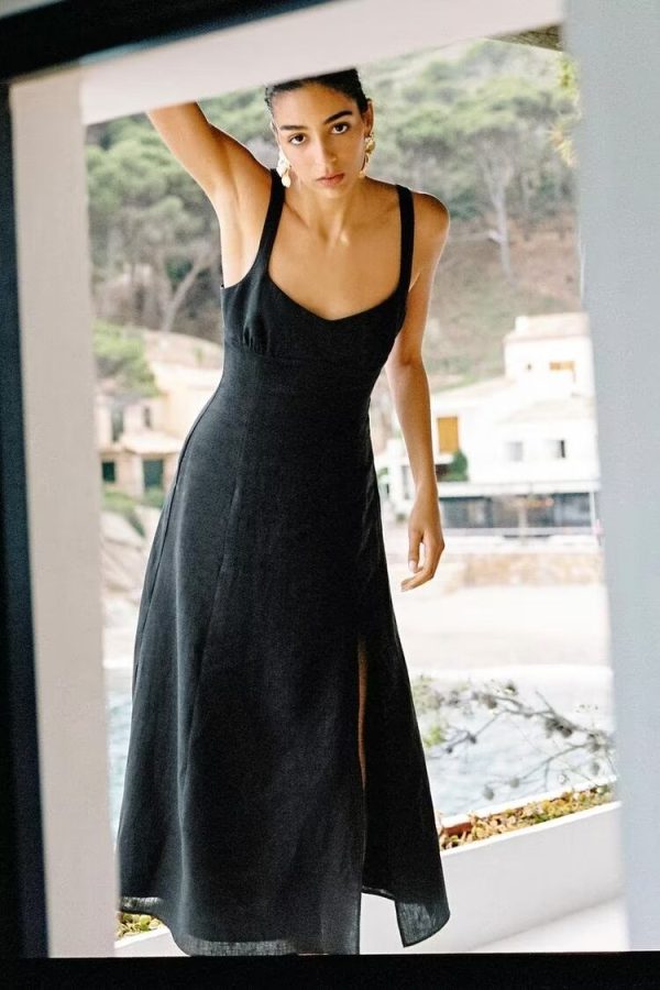 Women's Linen Shoulder Strap Slim Casual Length Dress