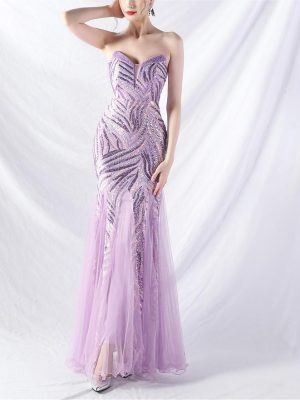 Women's Heavy Industry Beaded Stitching Mesh  Evening Dress