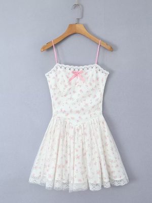 Women's Summer Sweet Fresh Mesh Bow Printed Strapless Dress