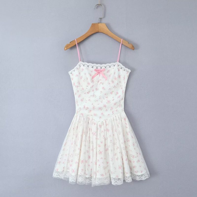 Women's Summer Sweet Fresh Mesh Bow Printed Strapless Dress