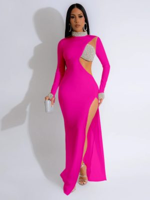 Women's Rhinestone Long Sleeve High Slit Dress Women