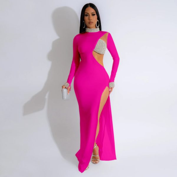 Women's Rhinestone Long Sleeve High Slit Dress Women