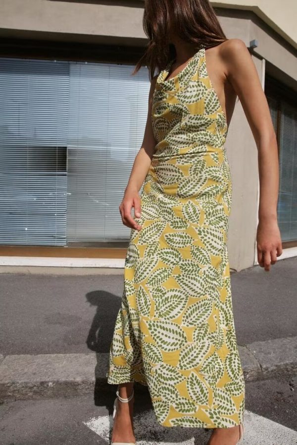 Women's Summer Printing Hanging Collar Maxi Dress