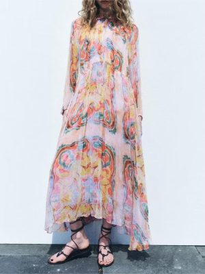 Women's Clothing Printed Long Sleeve Loose Casual Midi Dress