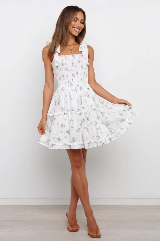 Women's Sweet High Waist Strap Type Printed White Dress Sundress