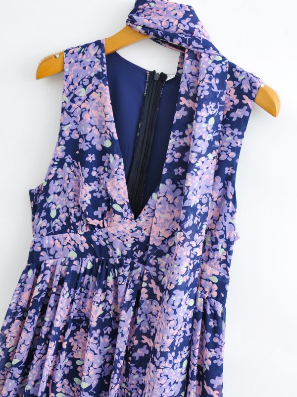 Women's Summer New Niche Printed Dress V-neck Lace-up Maxi Dress