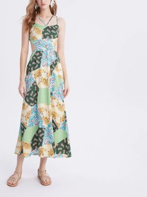 Women's Halter Lace-up Multicolor Patchwork Maxi Dress