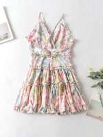 Women's Suspender Chiffon Printed Dress Ruffle V-neck a Hem Sundress