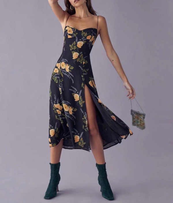 Women's New Retro Floral Print Back Smocking Strap Dress Tie Strap Sundress