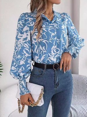 Women's Color Floral Lantern Sleeve Collared Shirt Women Clothing