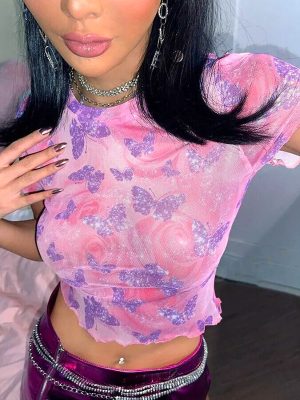 Women's Butterfly Mesh Floral Print Top