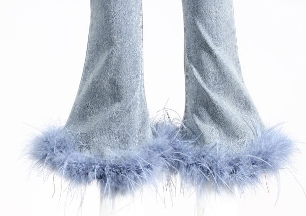 Women's Stretch Jeans Chic Stitching Ostrich Fur Fashionable Bell Bottom Pants Trendy
