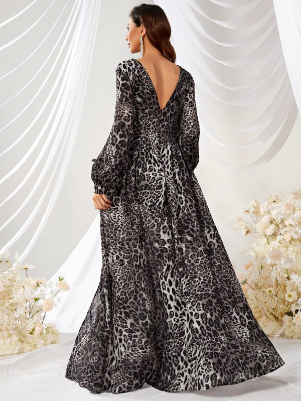 Women's Chic Leopard Print V Neck Slit Long Sleeve Chiffon Dress