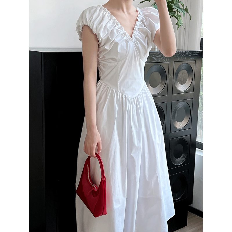 Women's French Fitted Waist Backless V neck Dress