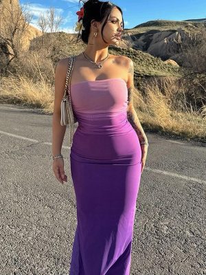 Women's Sexy Tube Top Gradient Color Mid Length One Step Dress