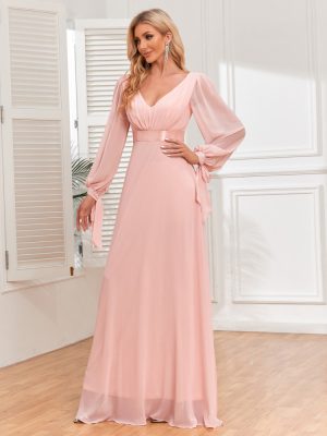 Women's  Sleeve Pairs V Neck Stitching Elastic Waist A Large Swing Evening Dress