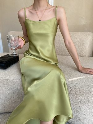 Women's Chic Chinese Ribbon Design French Satin Glossy Drape Dress