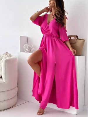 Women's Clothing Solid Color Sexy Sling Half Sleeve Mid Length Dress