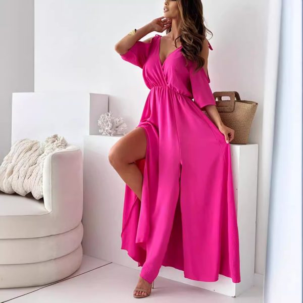 Women's Clothing Solid Color Sexy Sling Half Sleeve Mid Length Dress