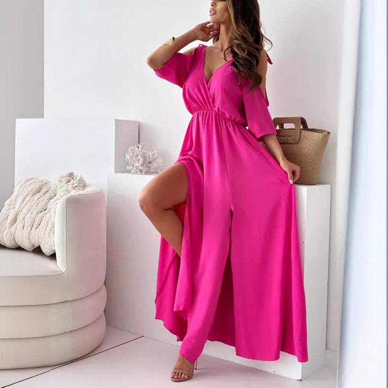 Women's Clothing Solid Color Sexy Sling Half Sleeve Mid Length Dress