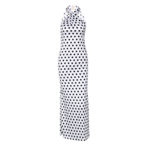 Women's Summer Satin Polka Dot Halter Backless Dress