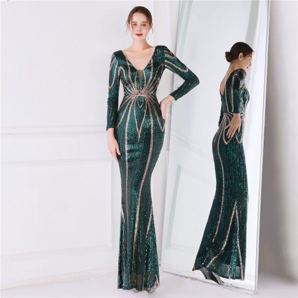 Women's Banquet Elegant Long Sleeve Sequined Queen Fishtail Dress