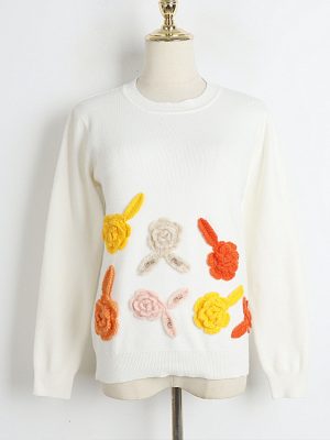 Women's Tridimensional Hand Crochet Floral Round Neck Sweater