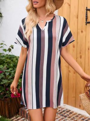 Women's Clothing Independent Stand Striped Short Sleeve Dress