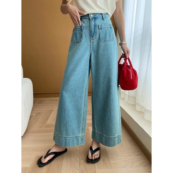 Women's  Emerald Blue Wide Leg Straight Cropped Stitching Jeans Slimming
