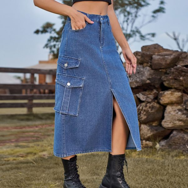 Women's Sexy Elastic Waist Denim Cargo Pants Casual Midi Dress Skirt