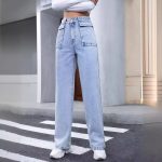 Women's  Clothing Straight Pocket High Waist Denim Trousers